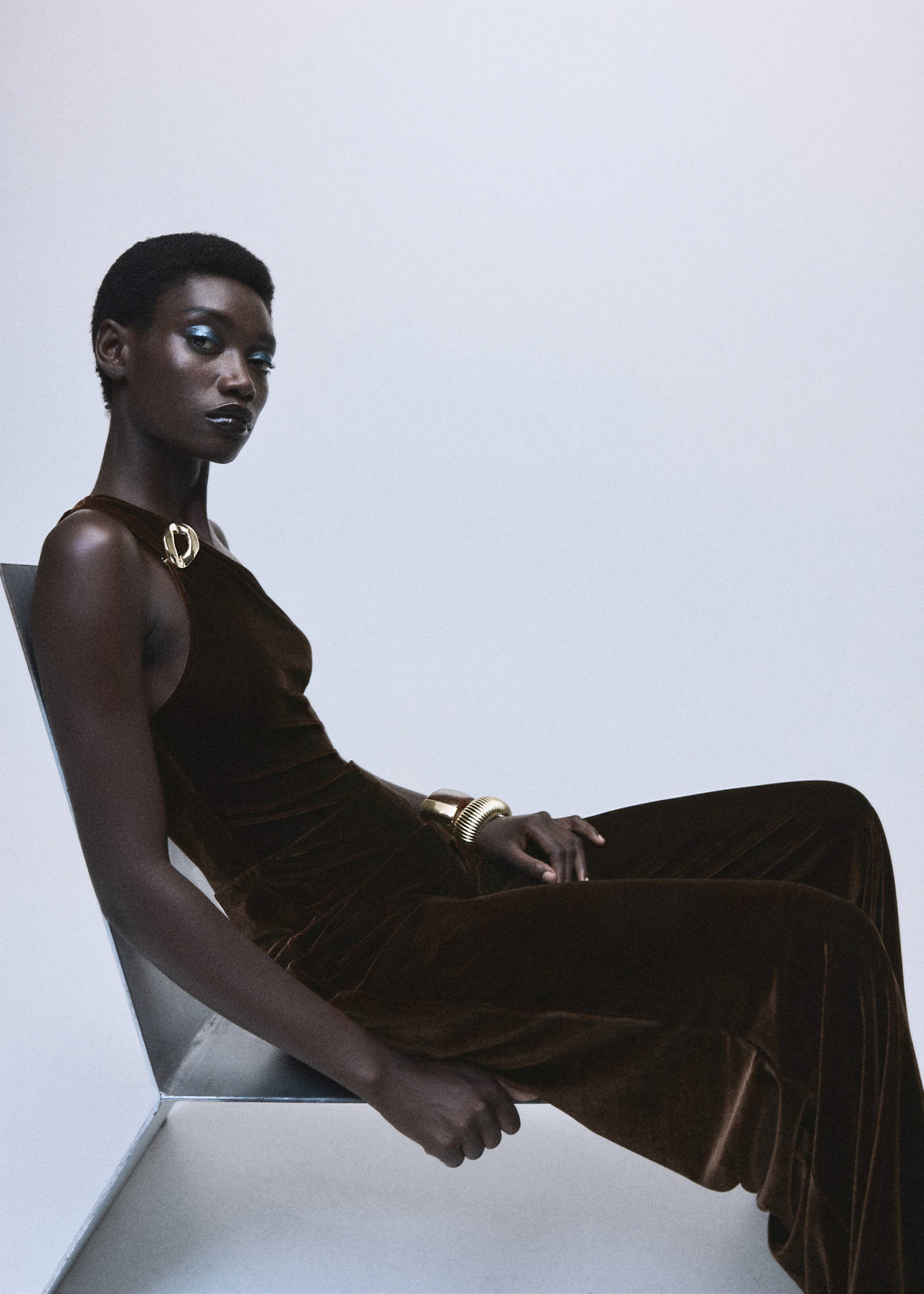 Velvet jumpsuit with metallic detail — Brown