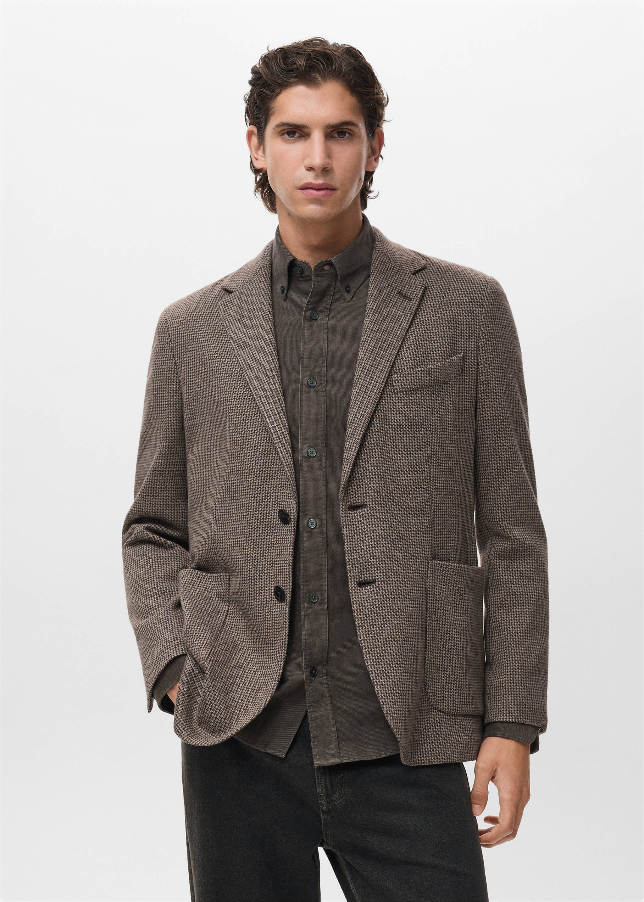 Americana slim fit micro pata de gallo - Plano medio, Marrón. Ref: 17067886-00.