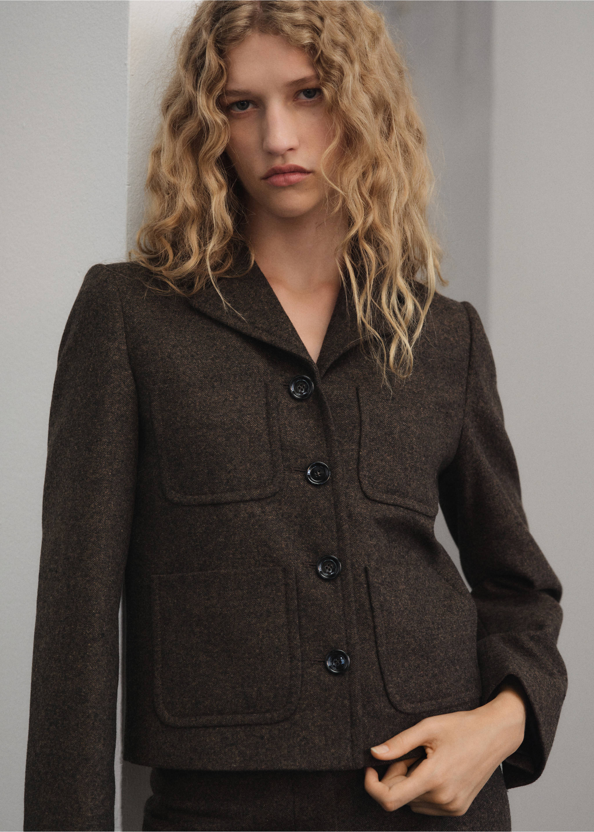 Blazer costume crop laine jaspée - Plan moyen, Marron. Ref: 17067911-00.