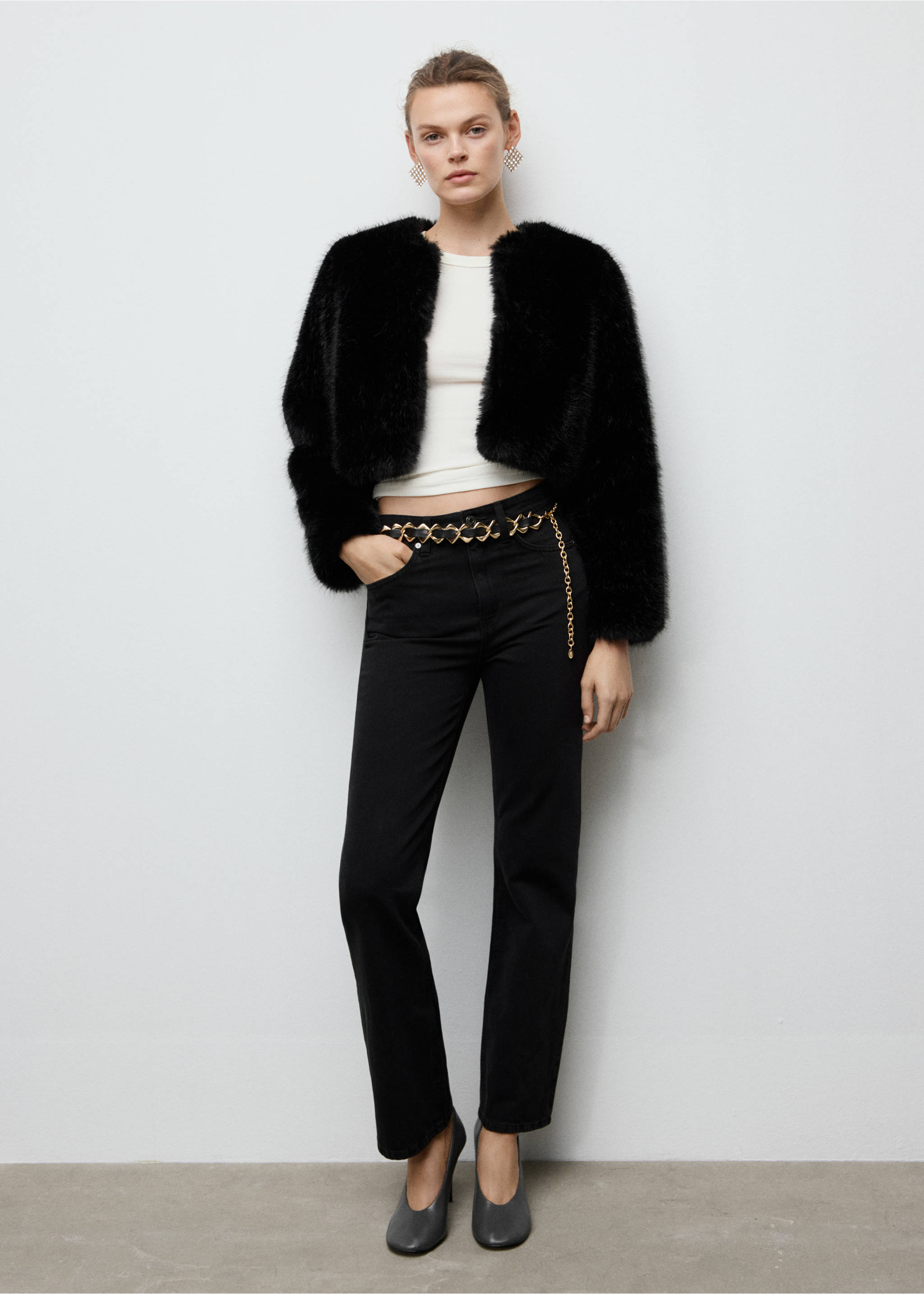 Faux-fur cropped jacket - General plane, Black. Ref: 17069093-00.