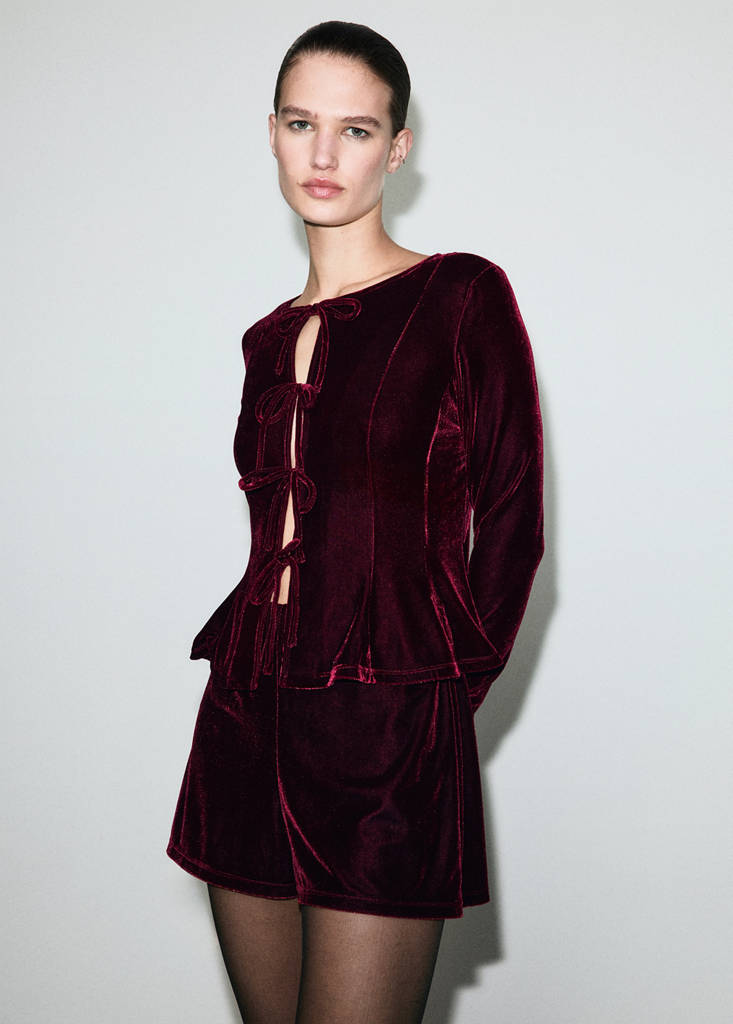 Velvet blouse with bows — Burgundy