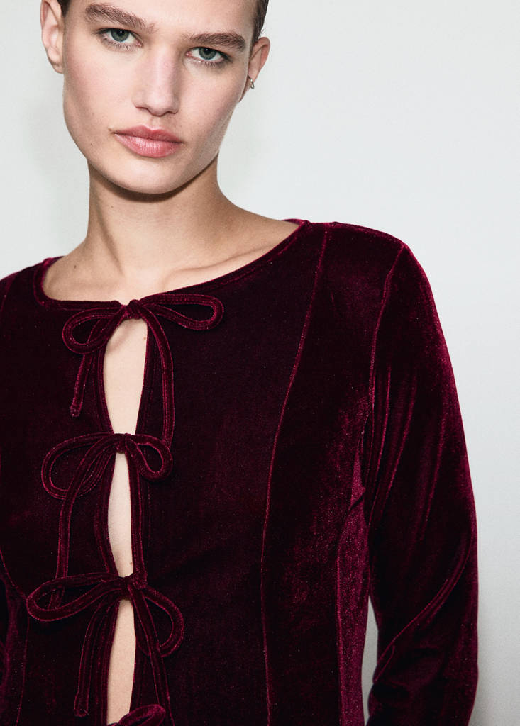 Velvet blouse with bows — Burgundy