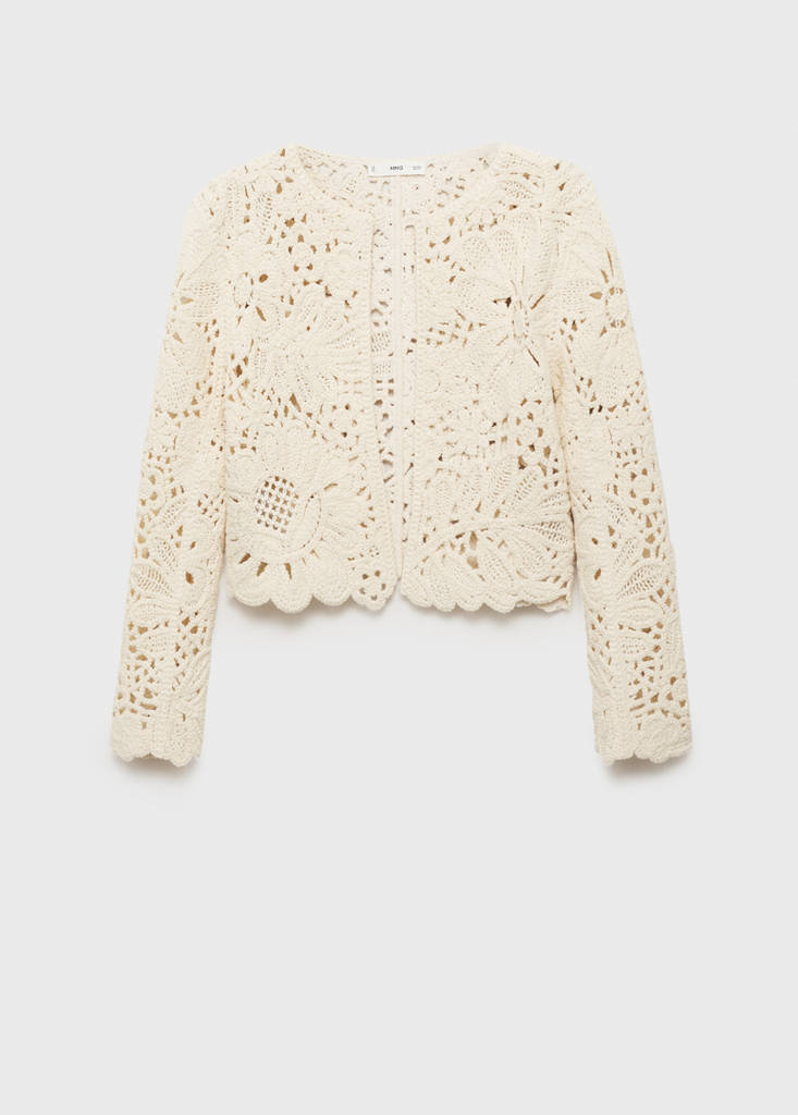 Openwork knitted jacket with scalloped hem — Ecru