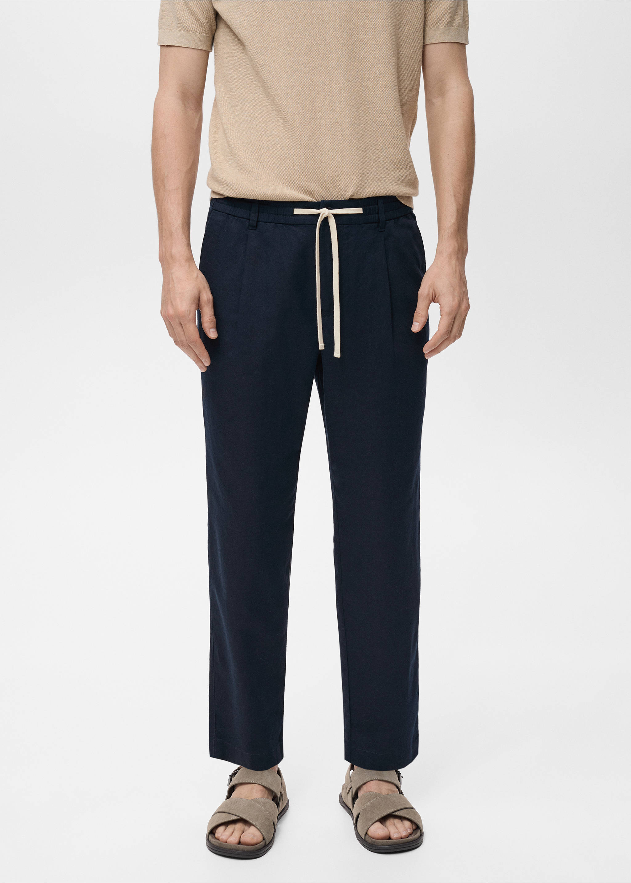 Pantalón slim fit lino cordón - Plano medio, Azul marino oscuro. Ref: 17071142-00.