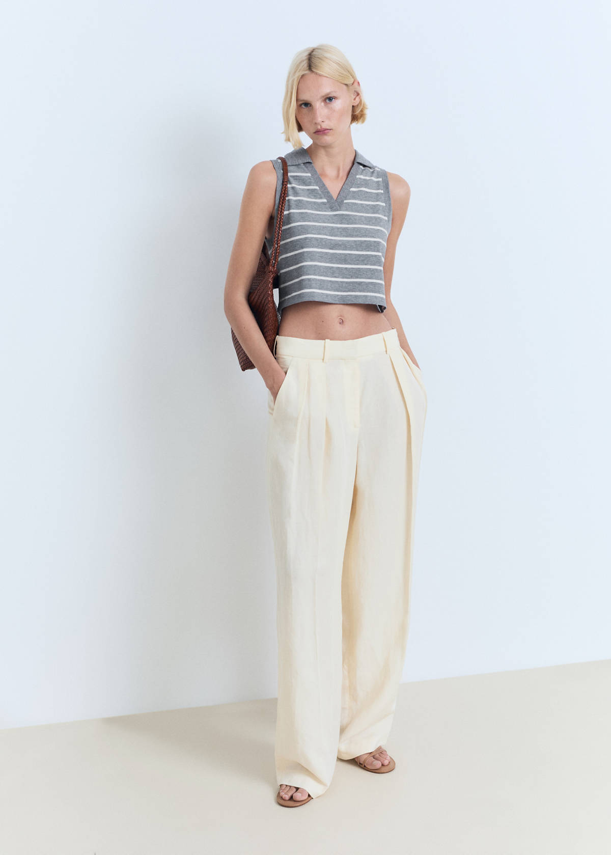 Striped cropped polo shirt — Blue