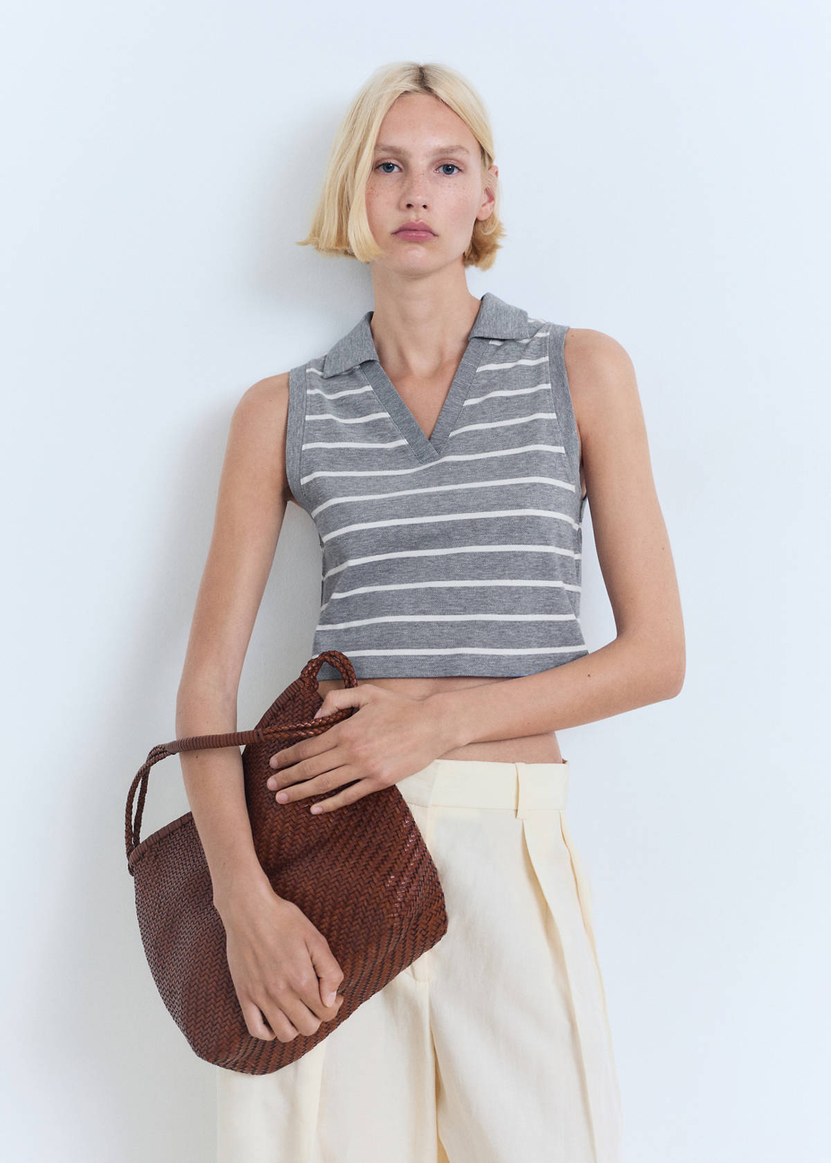Striped cropped polo shirt — Blue
