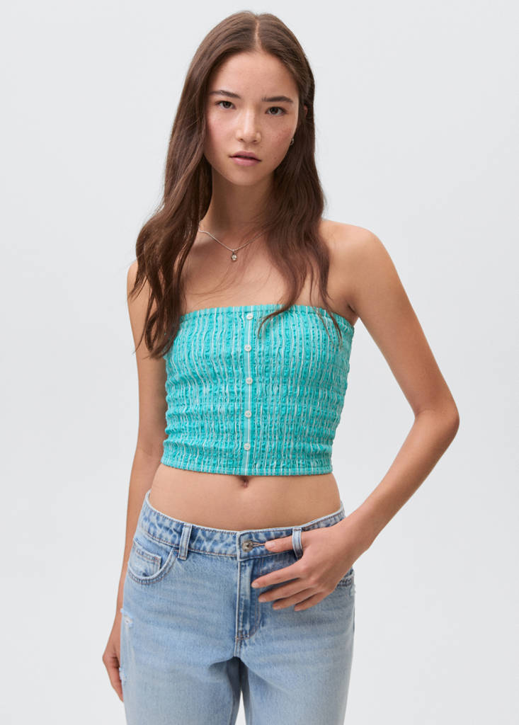 Ruched strapless top — Turquoise