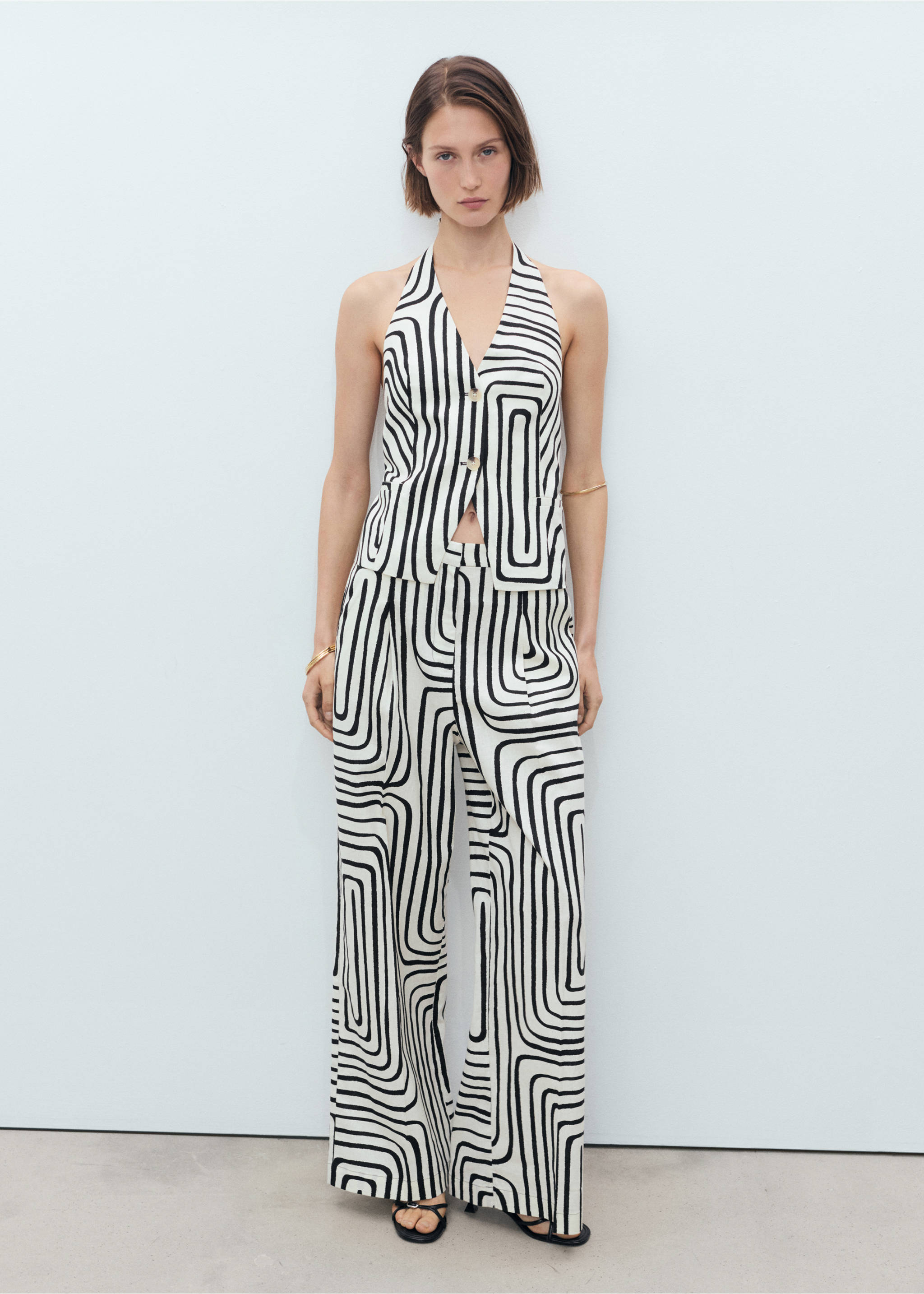 Geometric-print linen waistcoat - General plane, Ecru. Ref: 17071150-00.