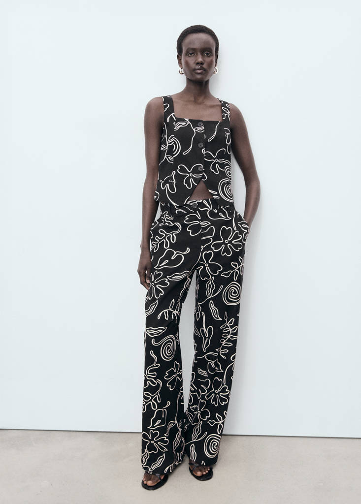 Floral-print linen suit waistcoat — Black
