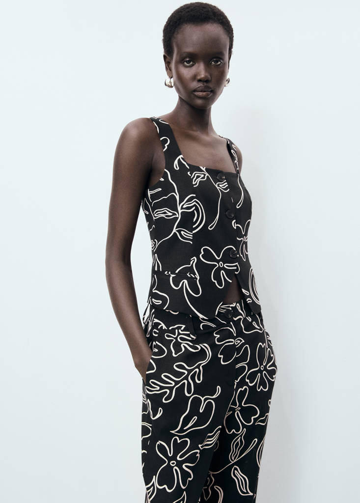 Floral-print linen suit waistcoat — Black