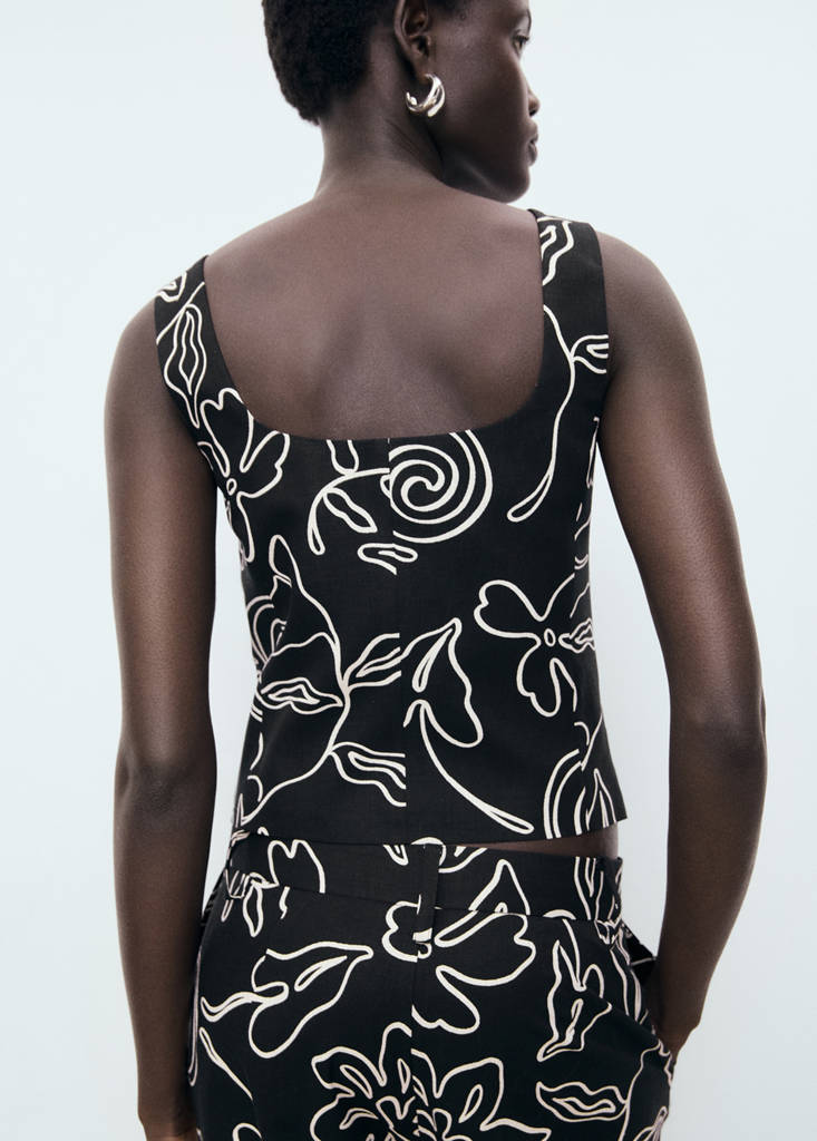 Floral-print linen suit waistcoat — Black