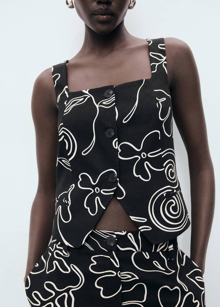 Floral-print linen suit waistcoat — Black