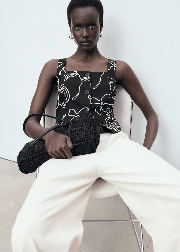 Floral-print linen suit waistcoat — Black