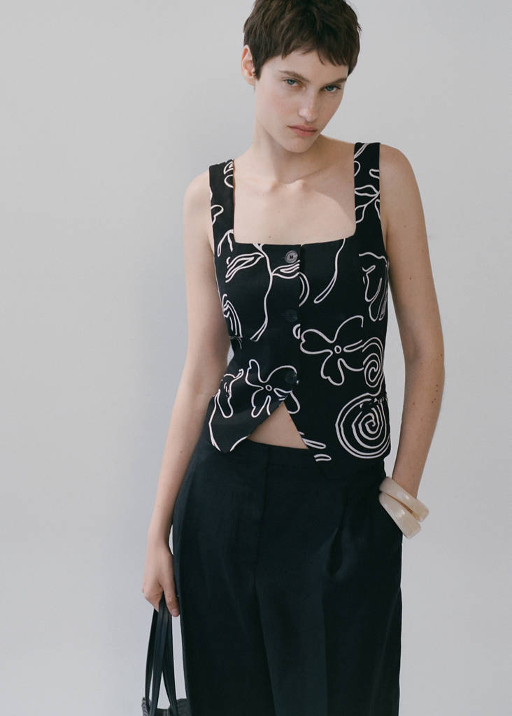 Floral-print linen suit waistcoat — Black