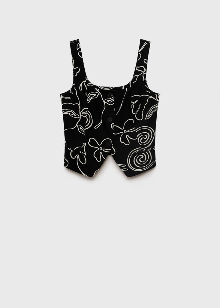 Floral-print linen suit waistcoat — Black