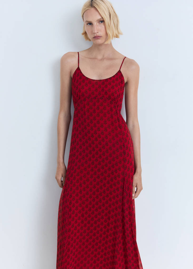 Floral-print chiffon dress — Red