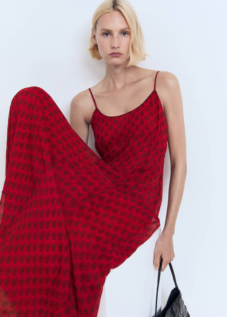 Floral-print chiffon dress — Red