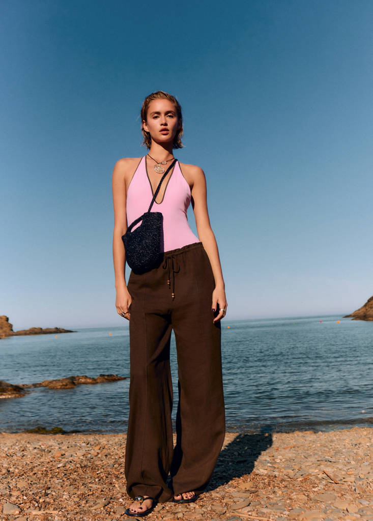 Linen-blend elastic waist trousers — Medium Brown