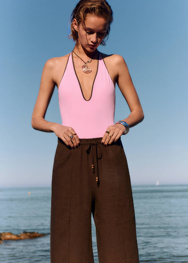 Linen-blend elastic waist trousers — Medium Brown