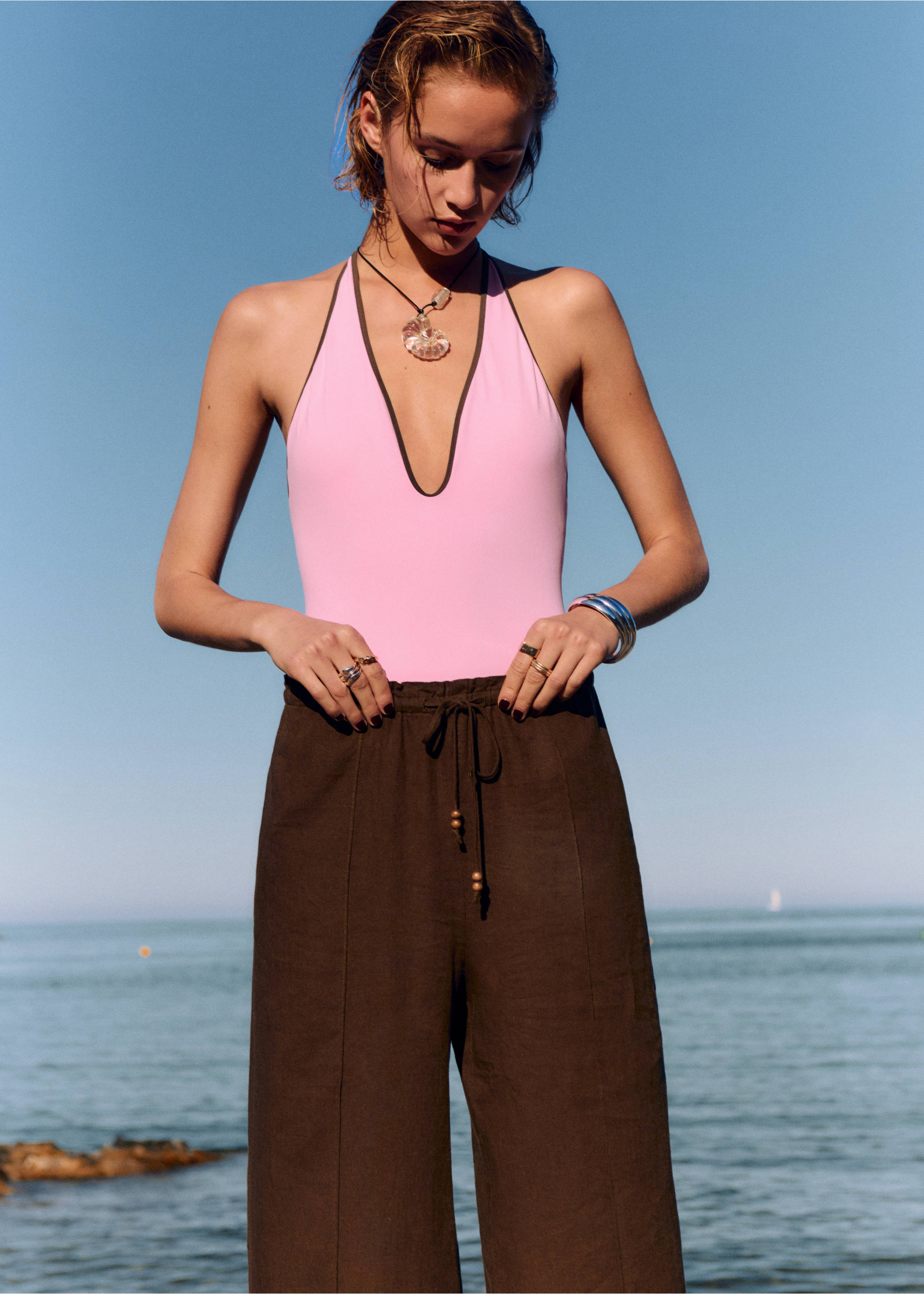 Pantalon lin taille élastique - Plan moyen, Marron moyen. Ref: 17071224-00.