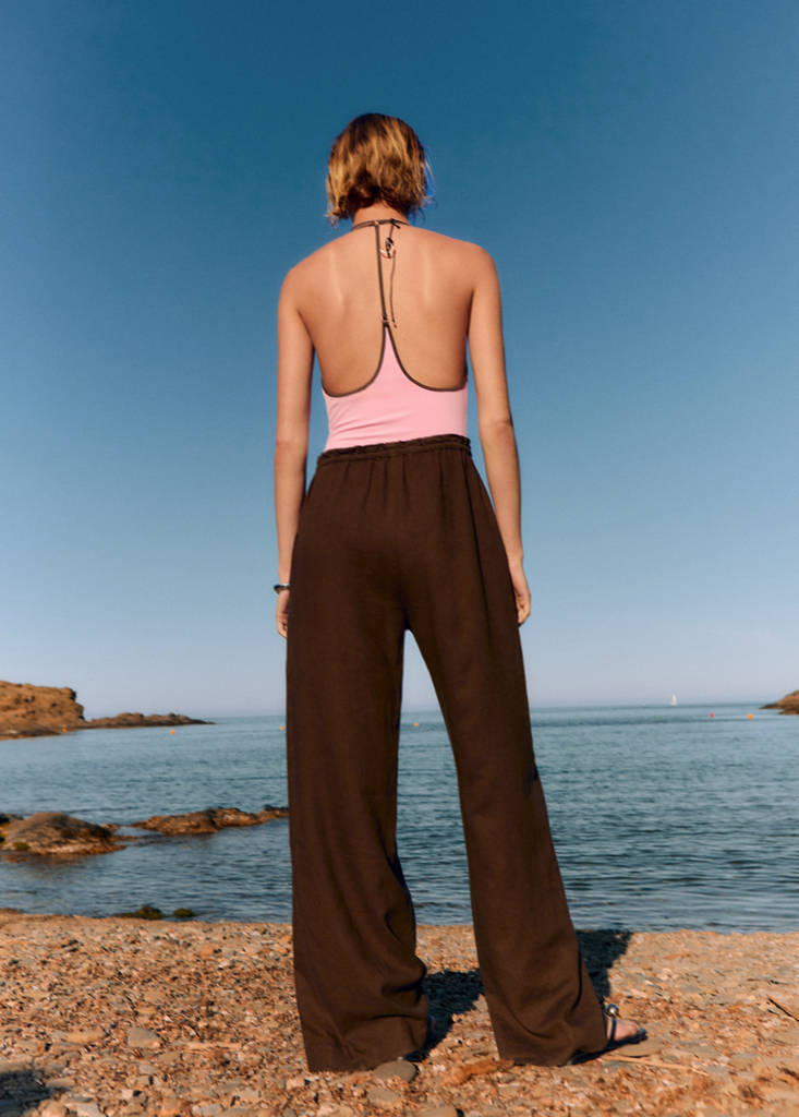 Linen-blend elastic waist trousers — Medium Brown