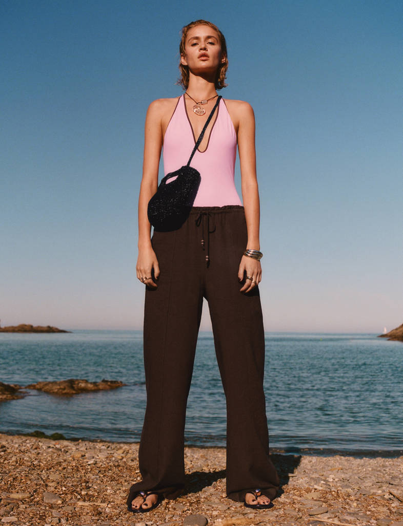 Linen-blend elastic waist trousers — Medium Brown