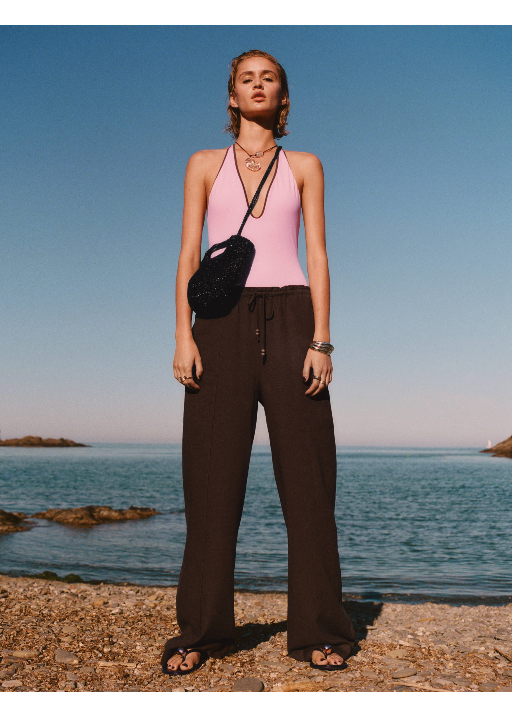 Pantalon lin taille élastique - Détail de l'article 6, Marron moyen. Ref: 17071224-00.