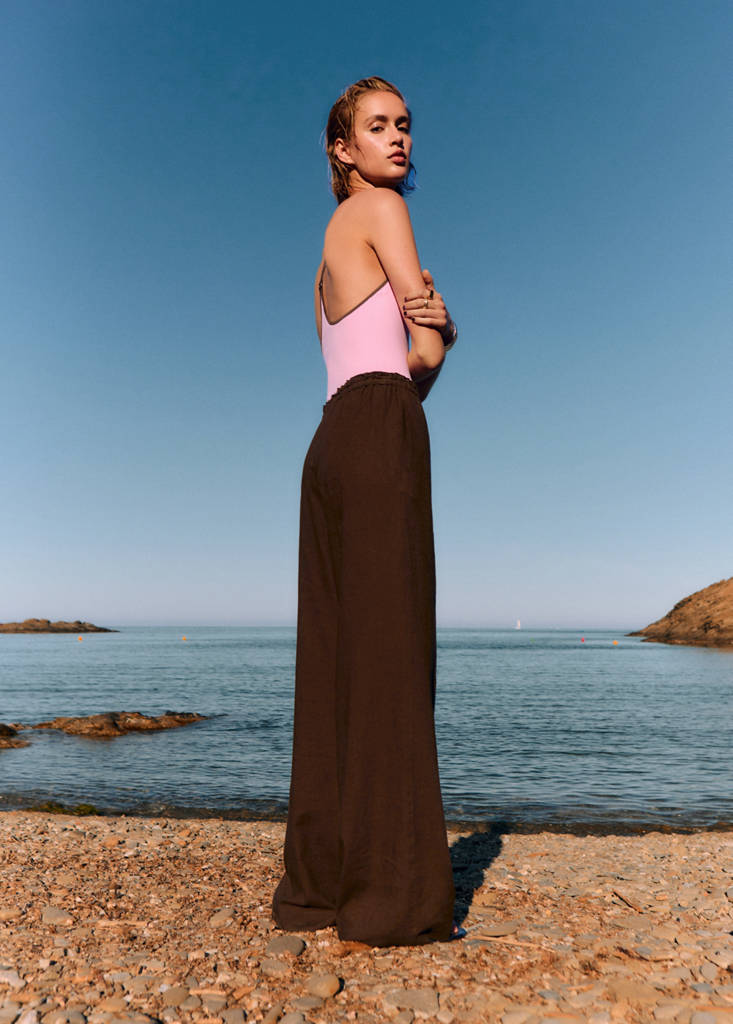 Linen-blend elastic waist trousers — Medium Brown
