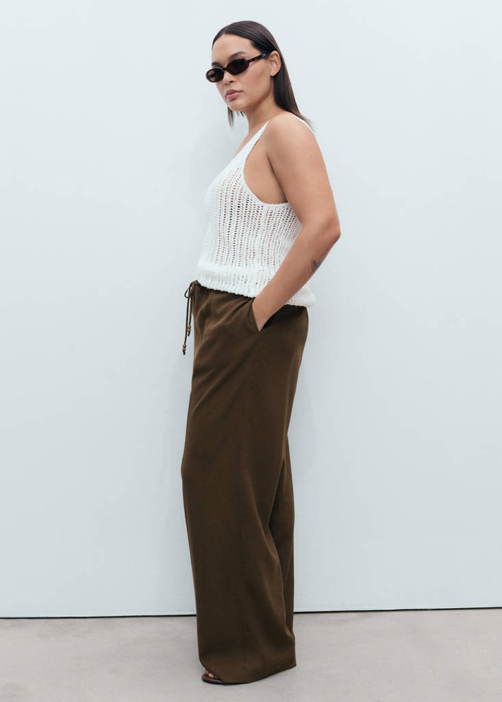 Linen-blend elastic waist trousers — Medium Brown