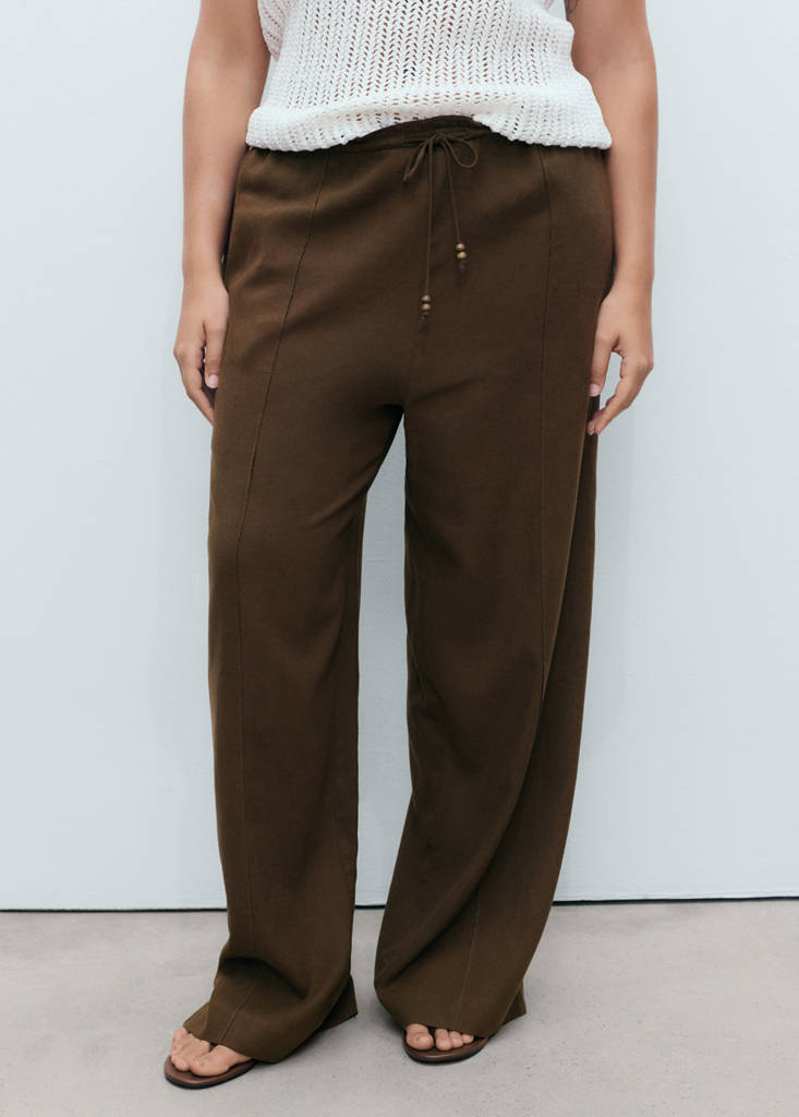Linen-blend elastic waist trousers — Medium Brown
