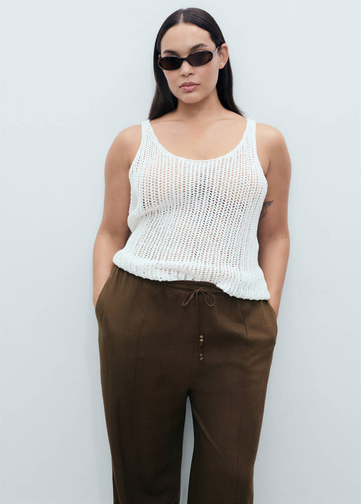 Linen-blend elastic waist trousers — Medium Brown