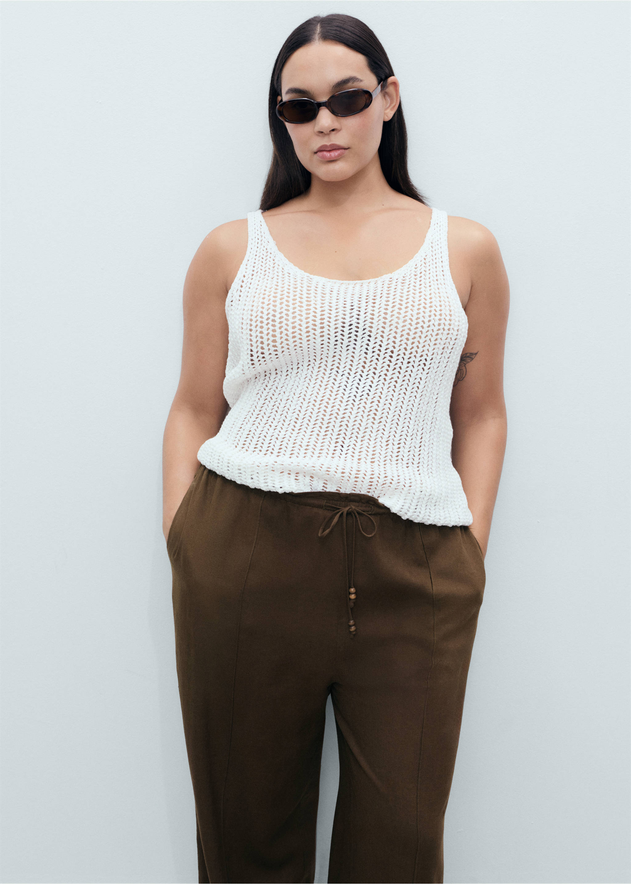 Pantalon lin taille élastique - Détail de l'article 4, Marron moyen. Ref: 17071224-00.