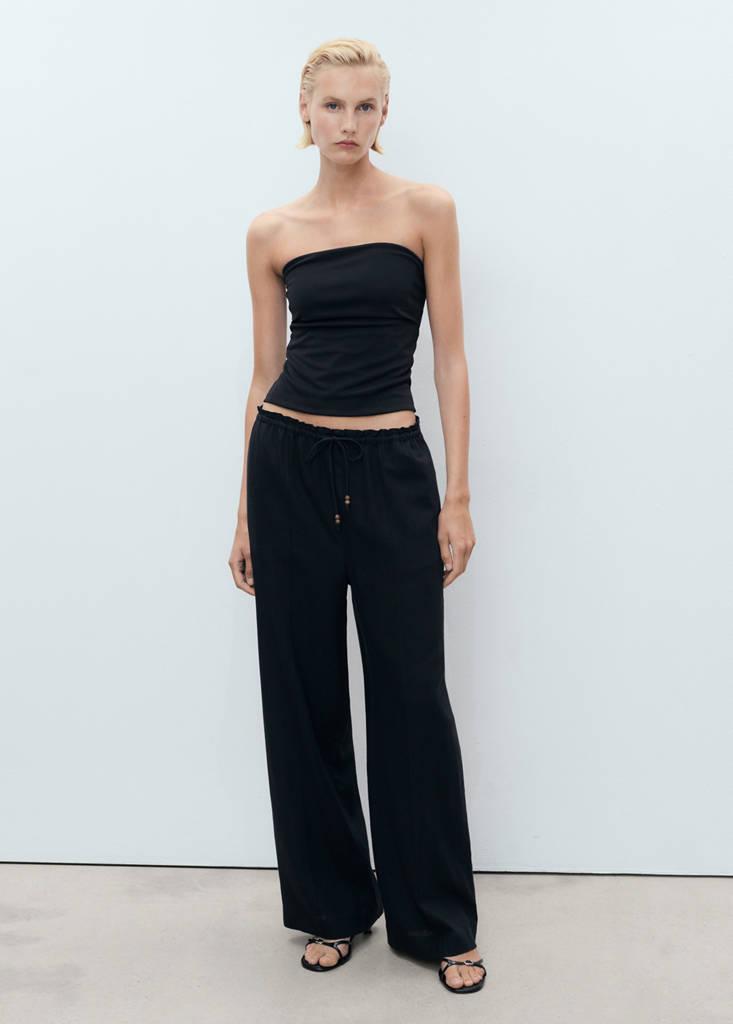 Linen-blend elastic waist trousers — Black