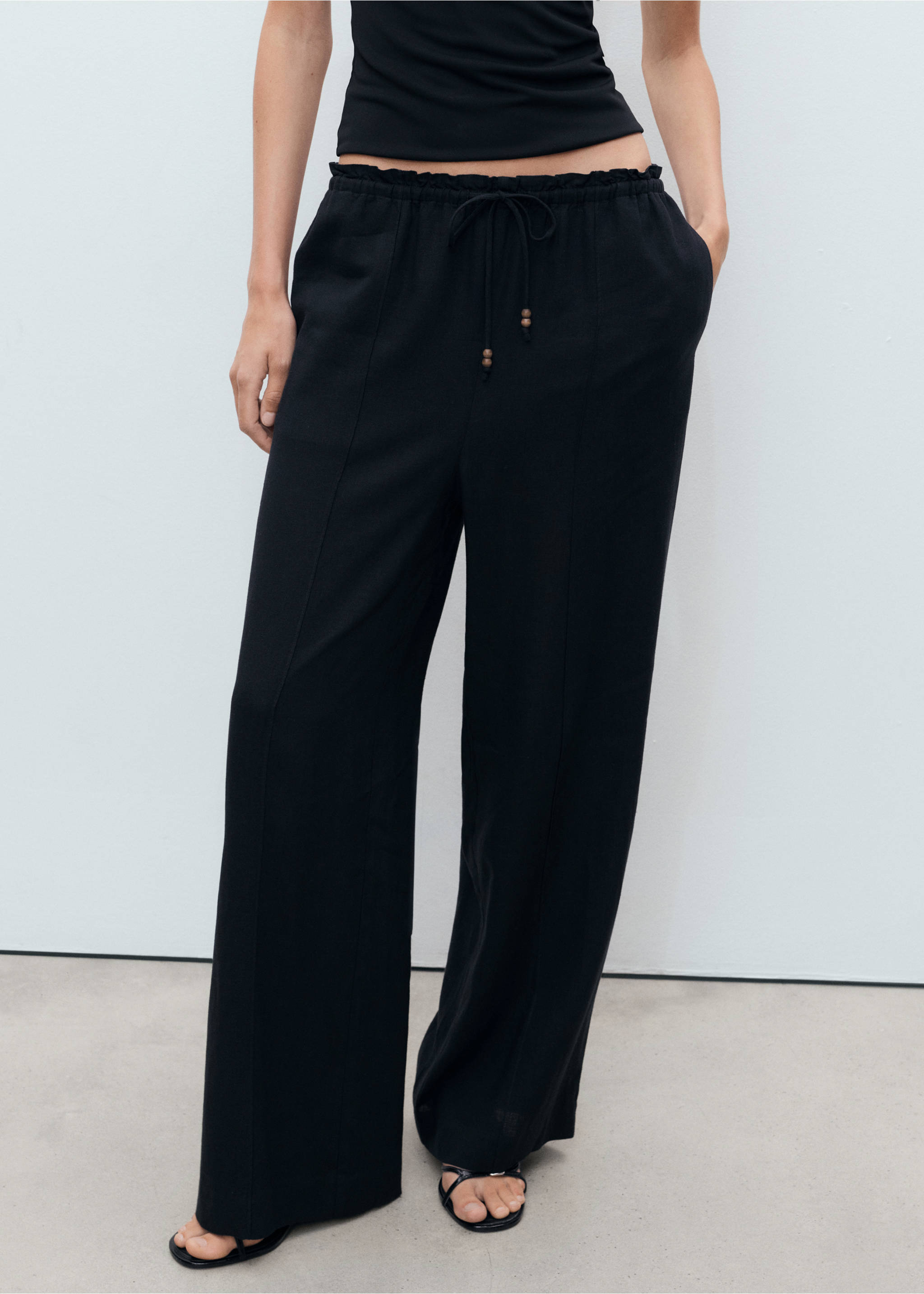 Pantalón lino cintura elástica - Plano medio, Negro. Ref: 17071224-00.