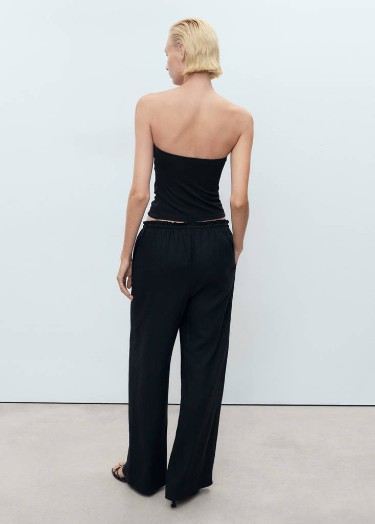 Linen-blend elastic waist trousers — Black