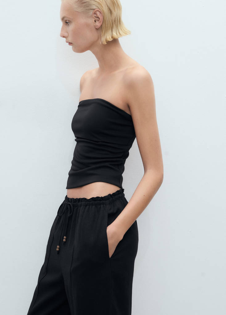 Linen-blend elastic waist trousers — Black