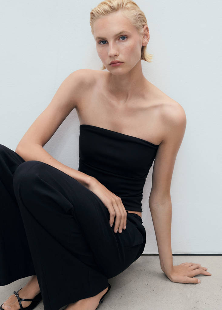 Linen-blend elastic waist trousers — Black