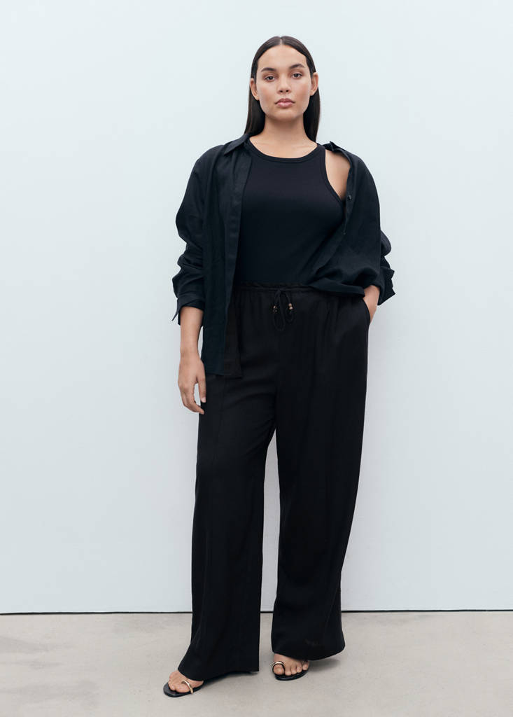 Linen-blend elastic waist trousers — Black