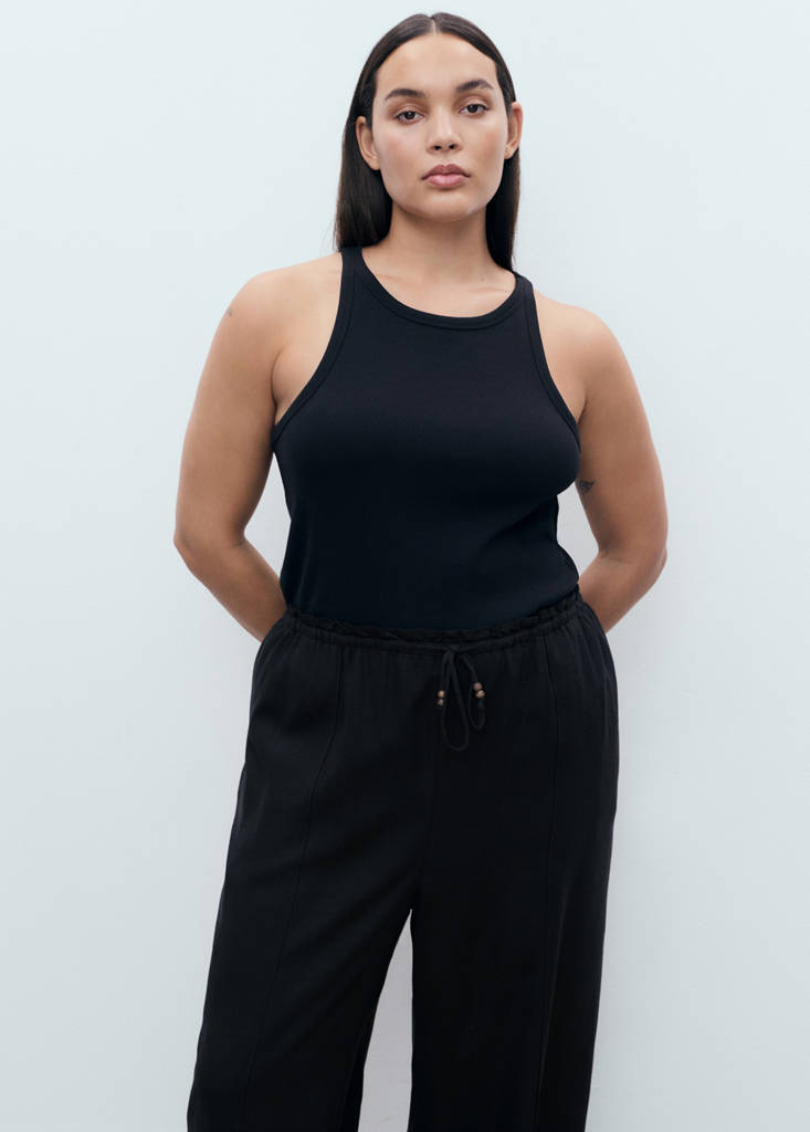 Linen-blend elastic waist trousers — Black