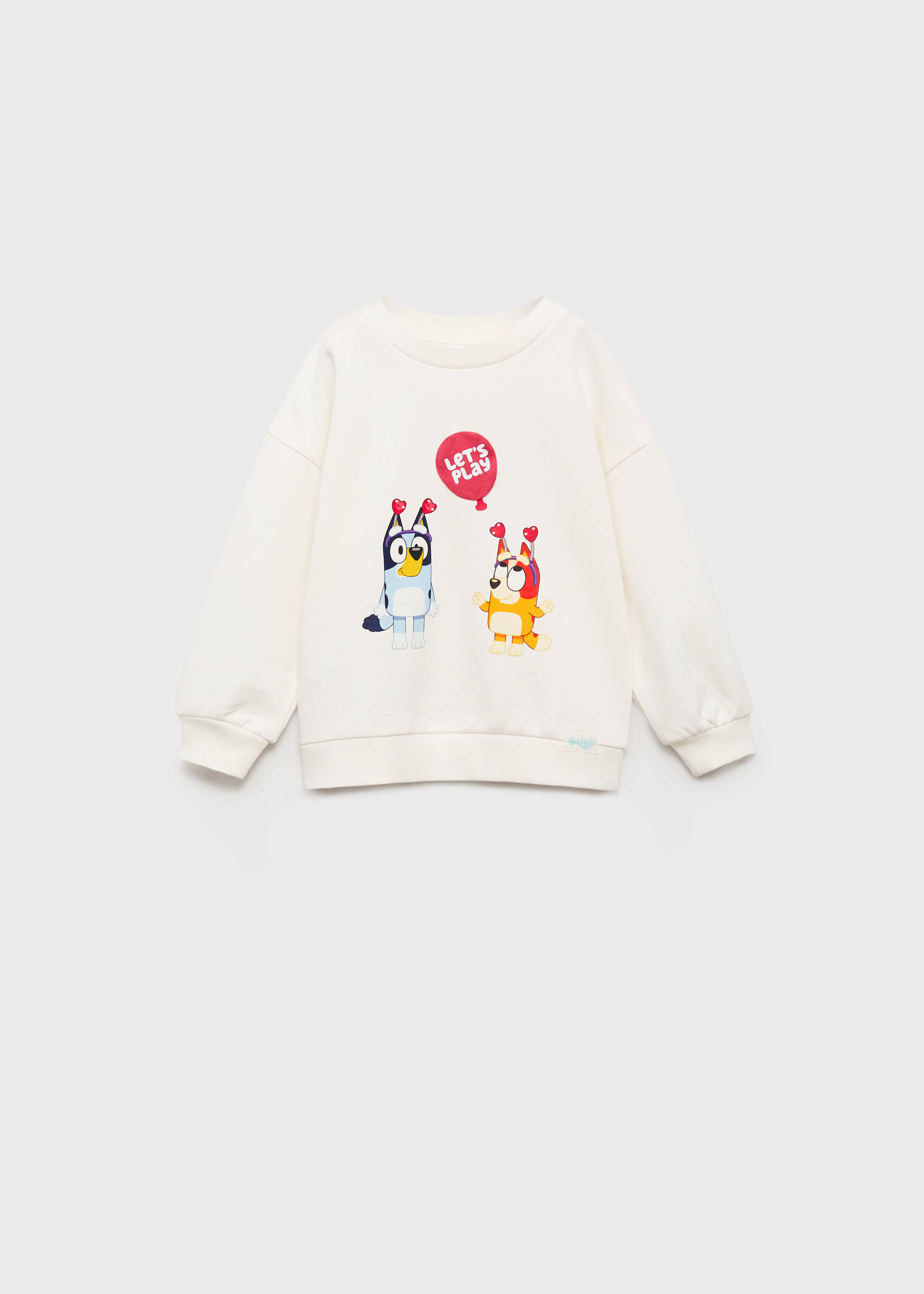 Off-white crew neck sweatshirt with a Bluey character print on the front.