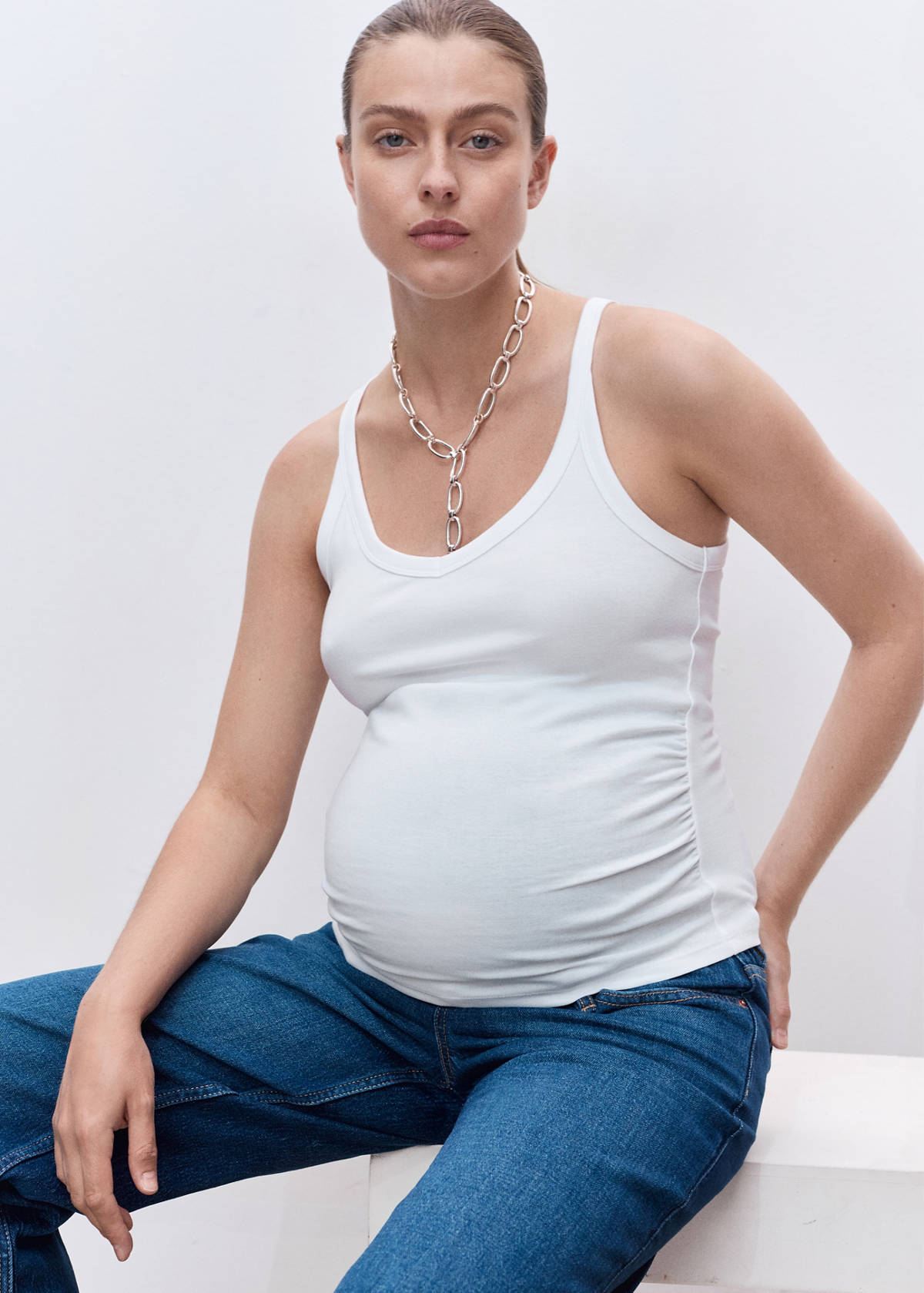 Cotton maternity top with straps — White