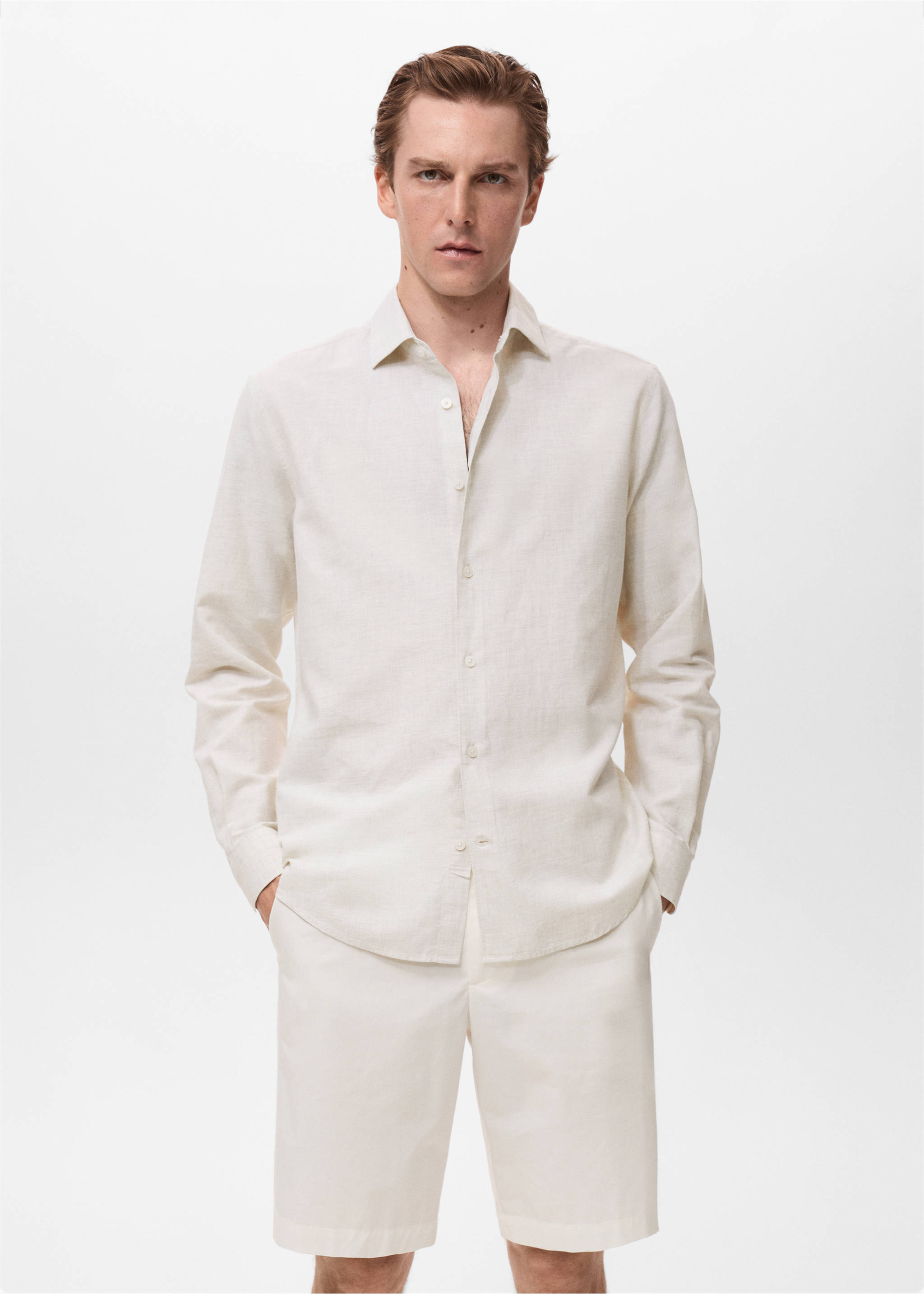 Cotton linen-blend shirt - Medium plane, Off White. Ref: 17071258-00.
