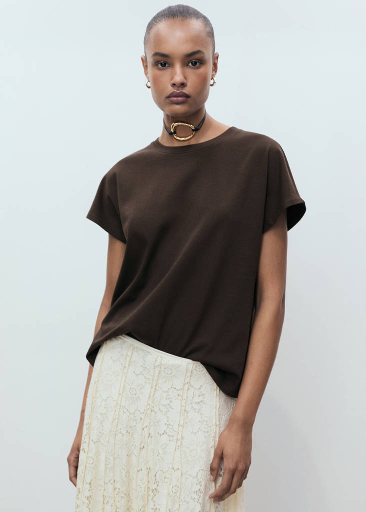 Rounded neck cotton t-shirt — Brown