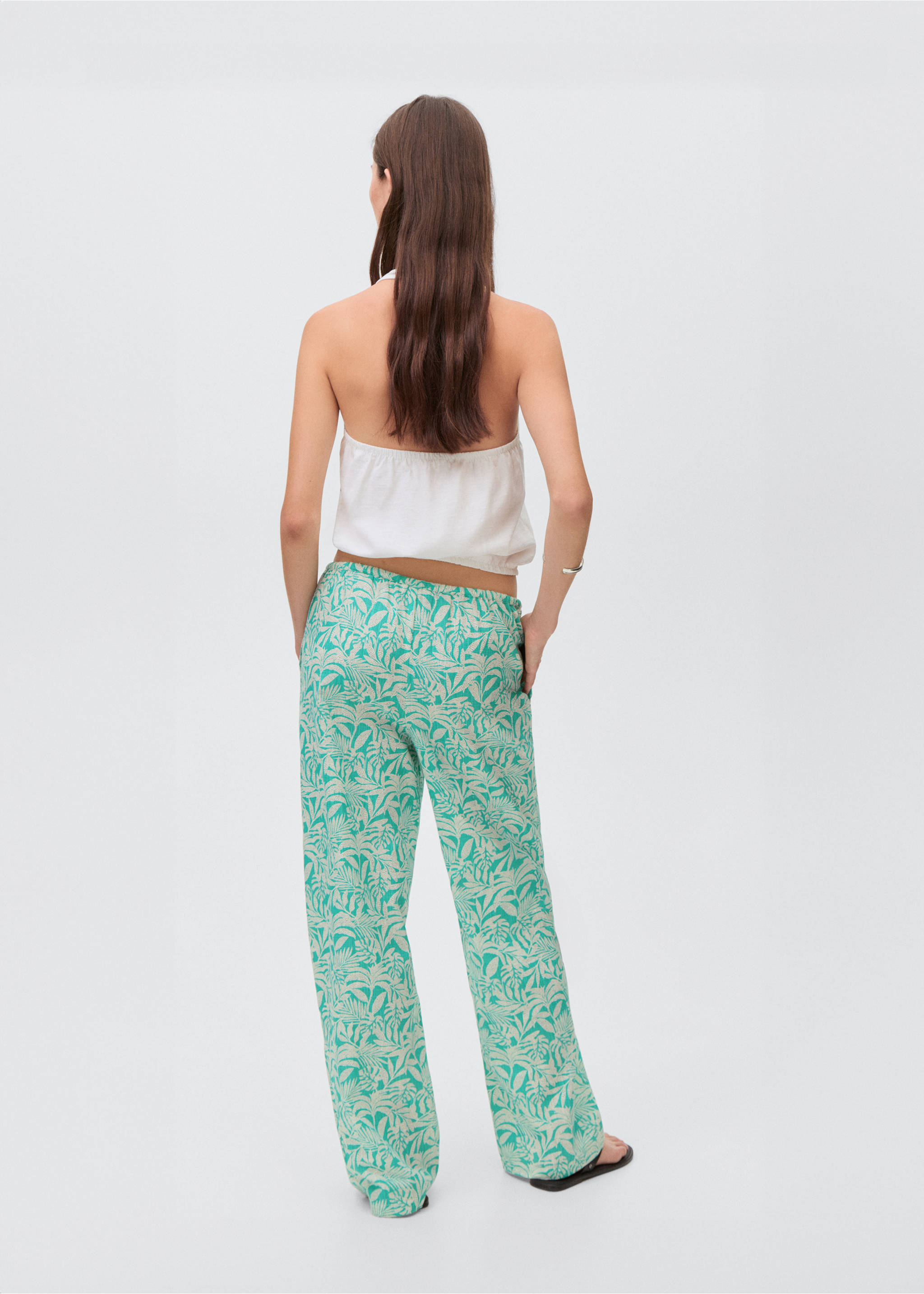 Cotton trousers with leaf pattern - Reverse of the article, Turquoise. Ref: 17071513-00.