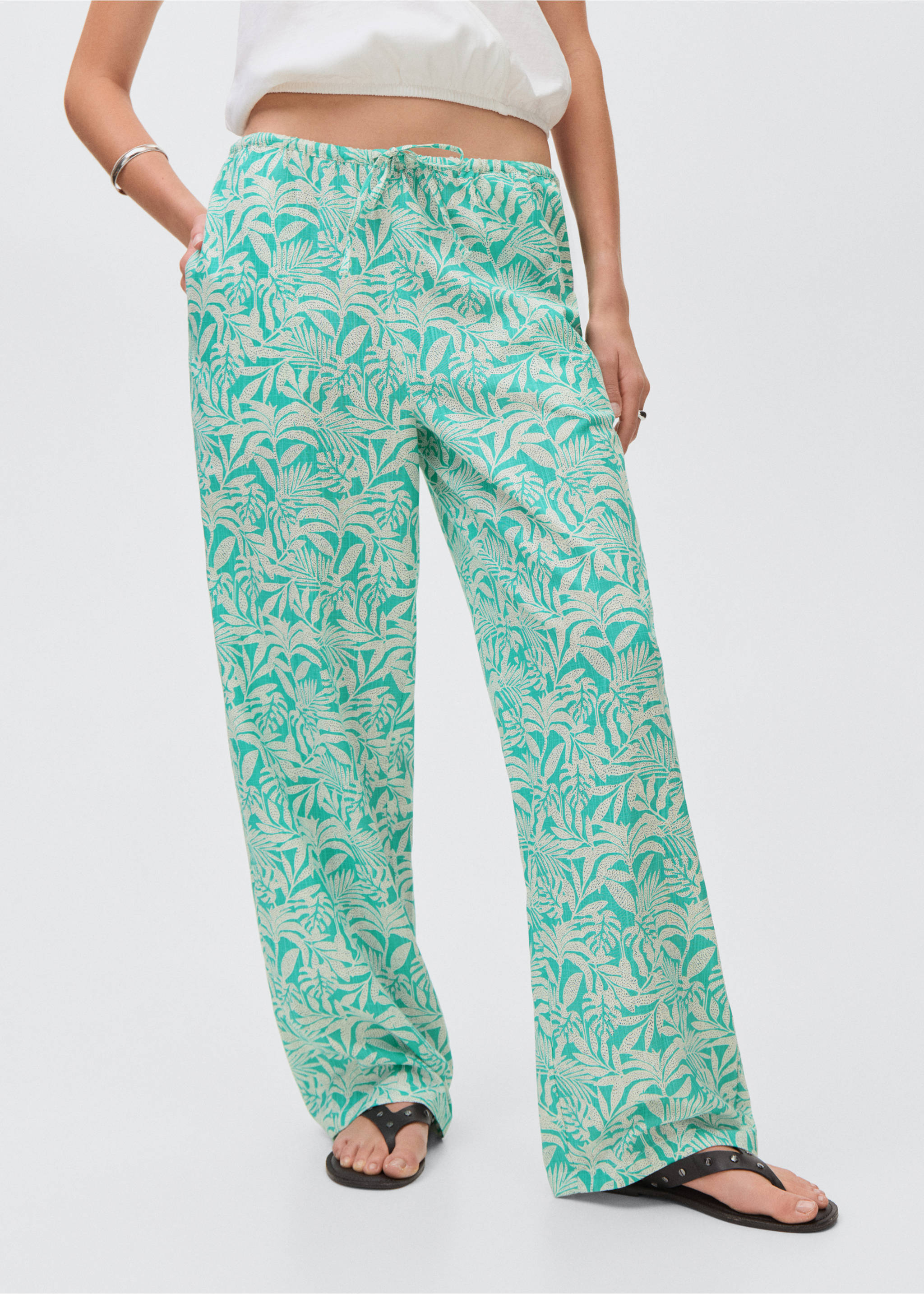 Cotton trousers with leaf pattern - Details of the article 3, Turquoise. Ref: 17071513-00.
