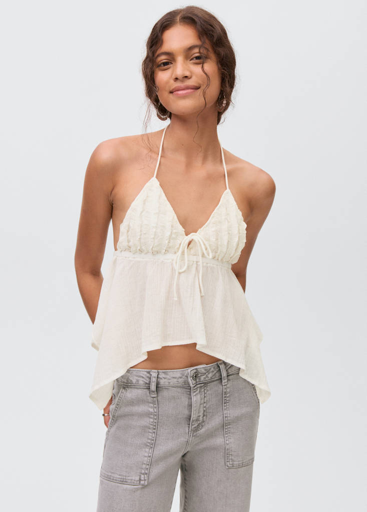 Halter top with ruffled detail — Ecru
