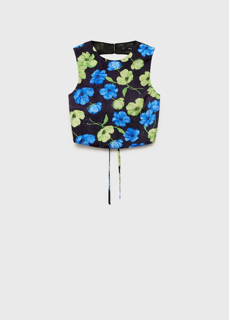 Floral-print open-back cropped blouse — Black