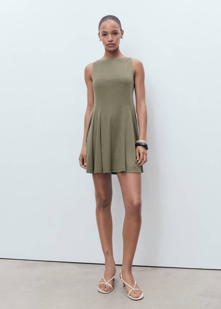 Pleated A-line dress — Khaki