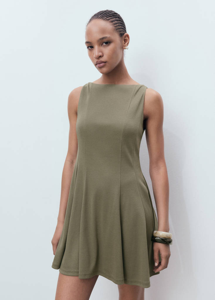 Pleated A-line dress — Khaki