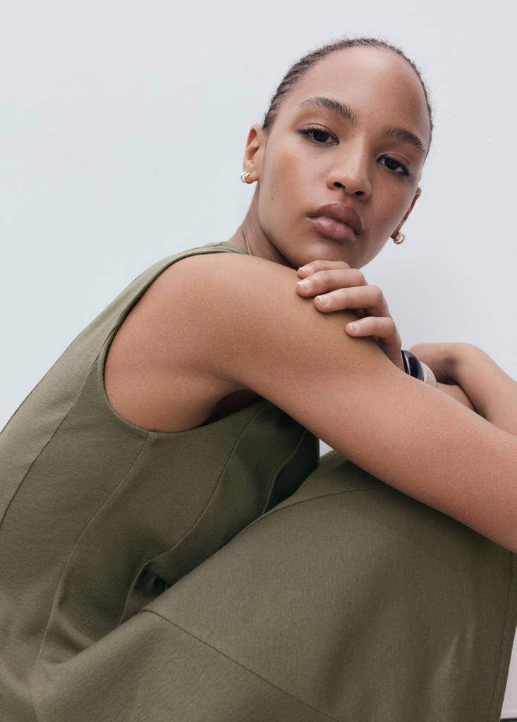 Pleated A-line dress — Khaki